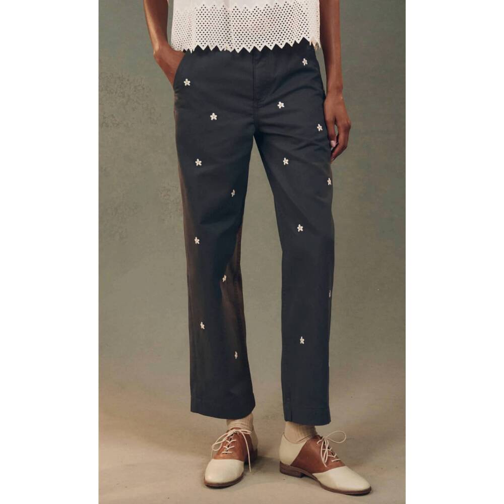 NEW THE GREAT. garage pant with daisy embroidery in blue slate